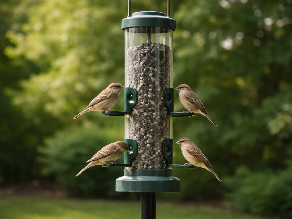 Small songbirds eating black-oil sunflower from a tube feeder in a quiet backyard