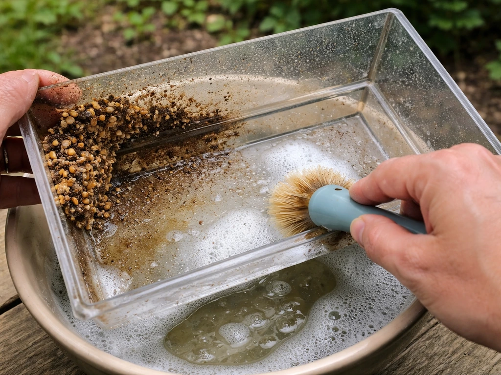 Close-up of a bird feeder being scrubbed with soapy water, with clumped old seed visible.