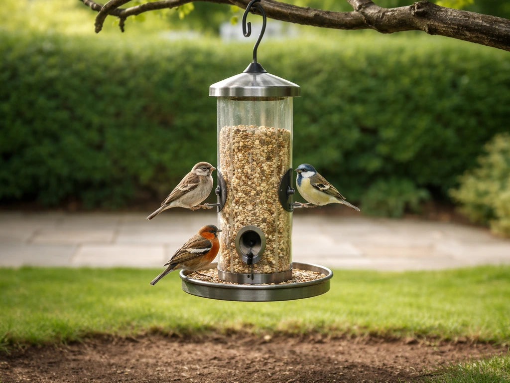 Close view of a clean hanging bird feeder with a seed-catching tray in a UK garden, with small birds feeding.