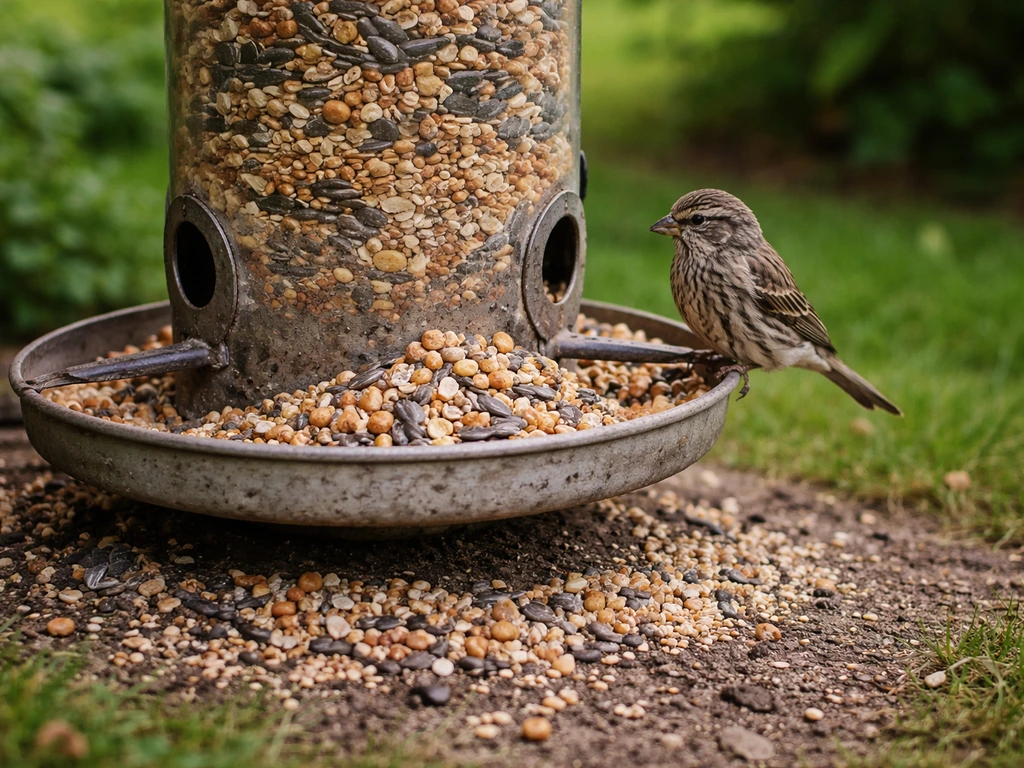 Overfilled garden bird feeder with spilled, dirty seed on the ground, showing why feeders can be unsafe.