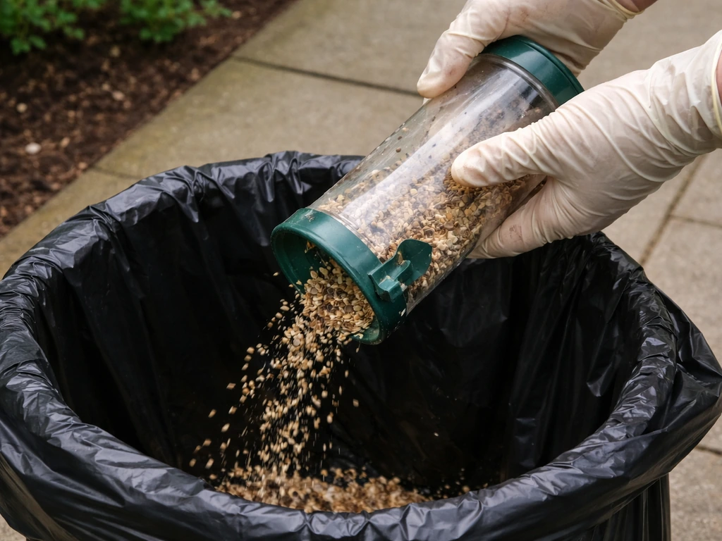 Gloved hands emptying old bird feeder food into a bin bag on an outdoor patio