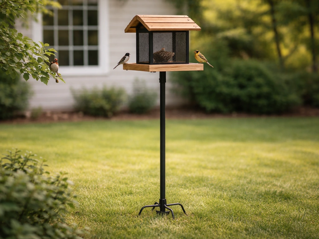 Unfilled bird feeder on a stand in a quiet backyard, with a few small birds nearby and safe clearance from windows.
