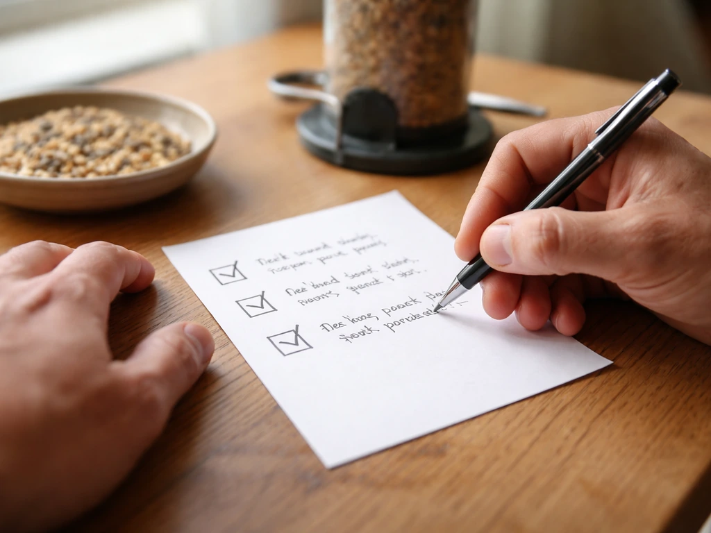 Close-up hands ticking checklist boxes beside handwritten bird feeder notes on a kitchen table