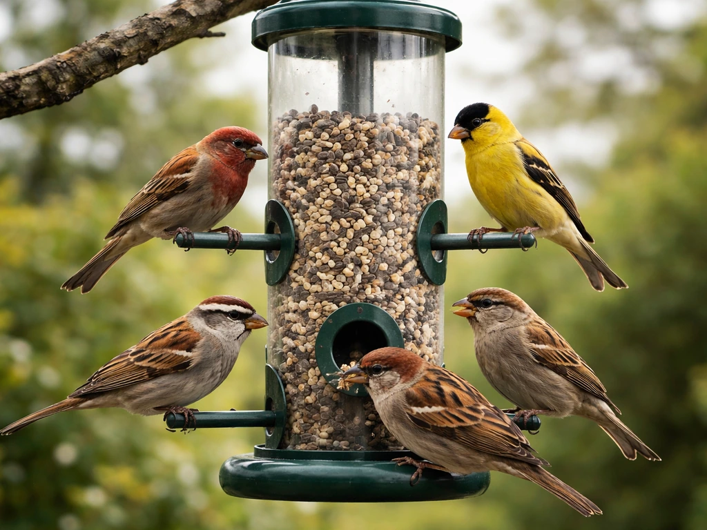 Multiple native small birds actively feeding at a backyard feeder on a branch