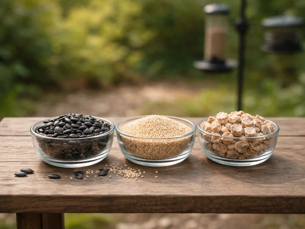 Three unlabeled containers of black-oil sunflower seeds, white millet, and suet pieces on a wooden table.