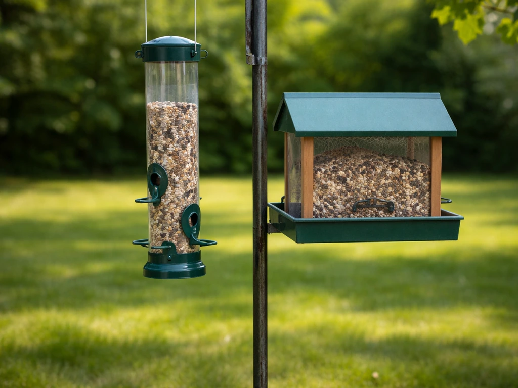Tube feeder and hopper tray feeder side-by-side on a yard stand in a backyard.
