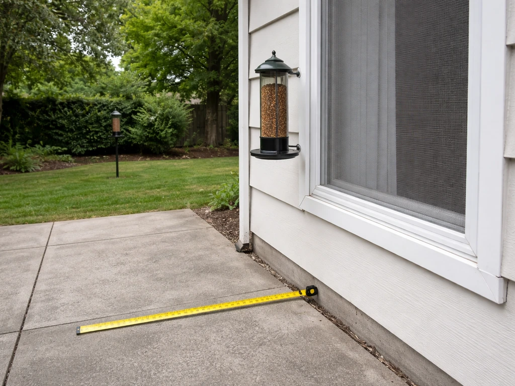Bird feeder near a window with a measuring tape reference showing safe distance from the glass.