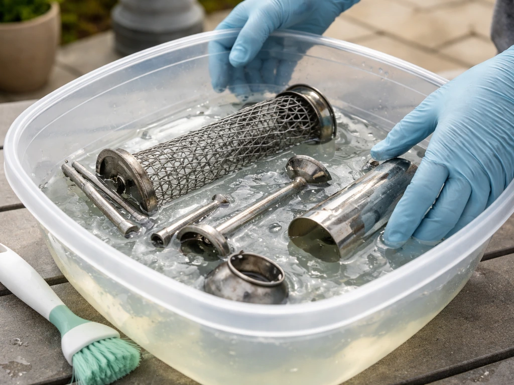 Gloved hands cleaning disassembled bird feeder parts soaking in non-chlorinated bleach solution in a bucket.
