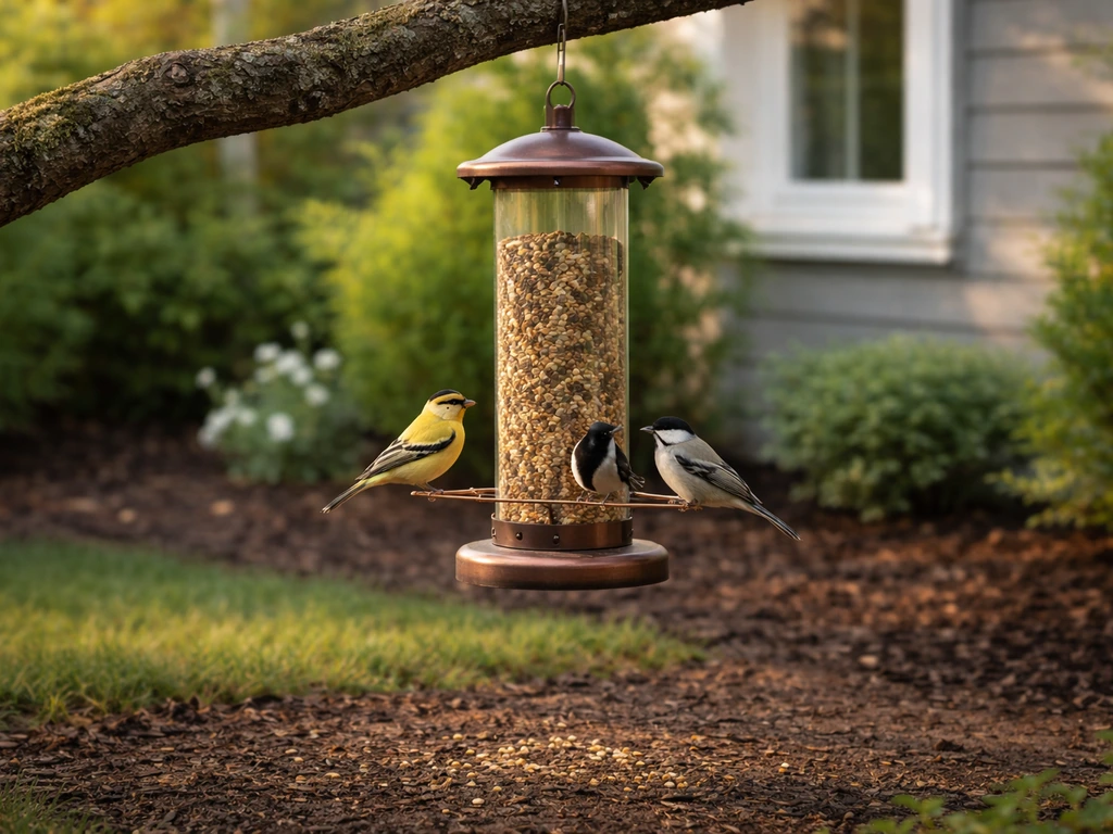 A clean bird feeder in a garden with birds nearby and a window in the background for safe placement.