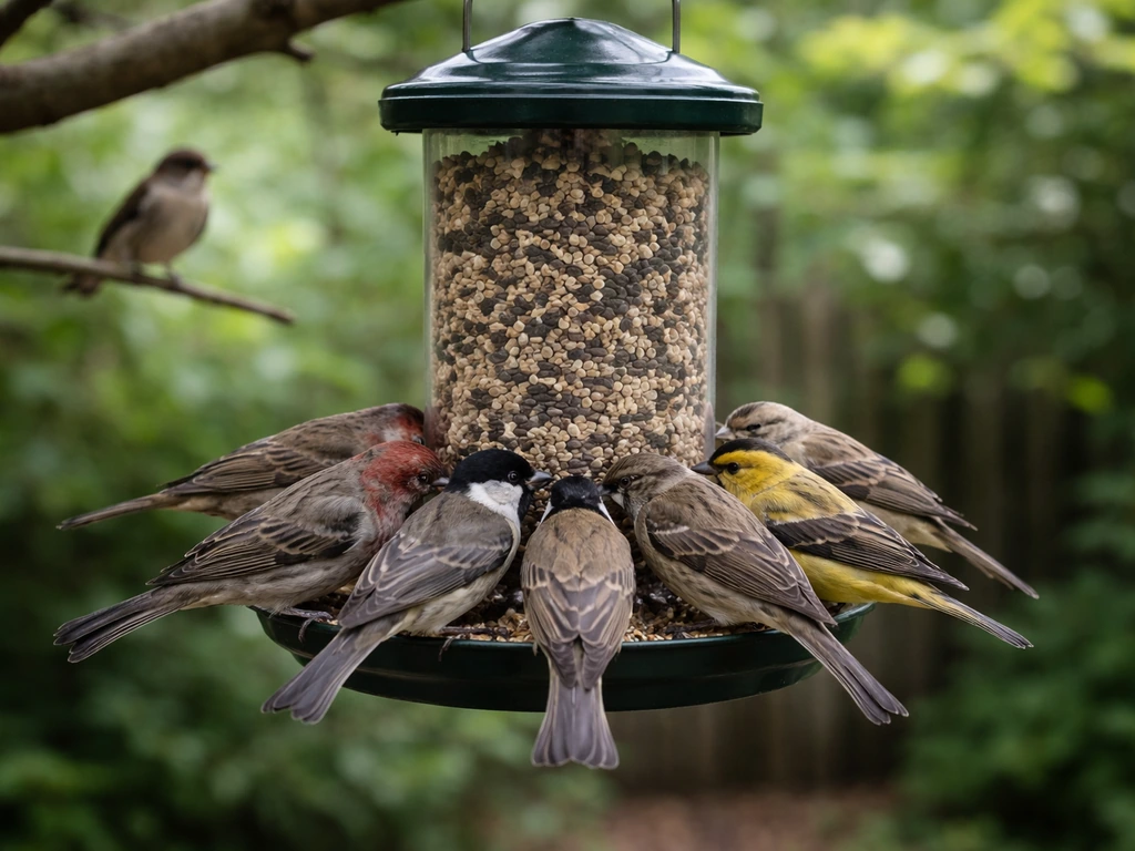 Several small birds crowd around one hanging feeder in a backyard, suggesting disease spread risk.
