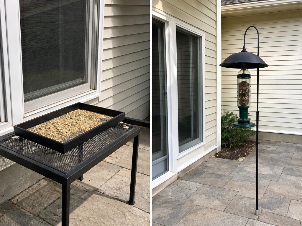 Left: open platform feeder near window. Right: squirrel-resistant tube feeder farther away with baffle.