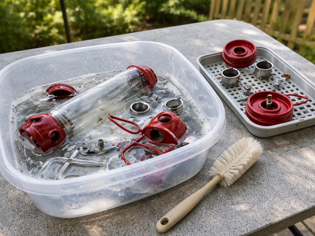 Disassembled bird feeder soaking in a tub with a brush and clean parts ready to reassemble.