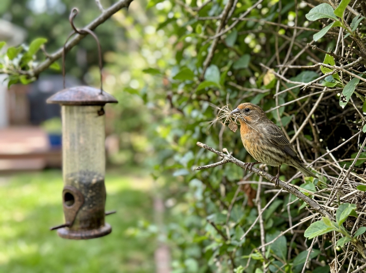 Bird carrying nesting material toward cover near a feeder