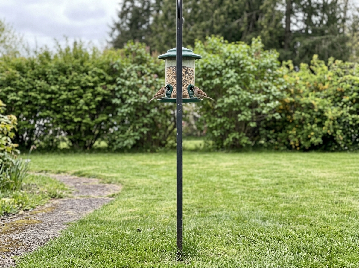 Bird feeder positioned away from nearby shrubs and trees