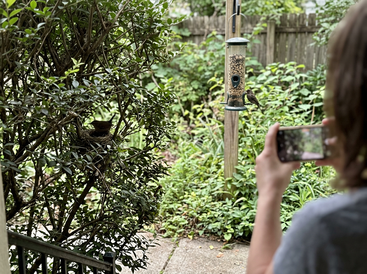 Discovery of an active bird nest near a feeder from a safe distance