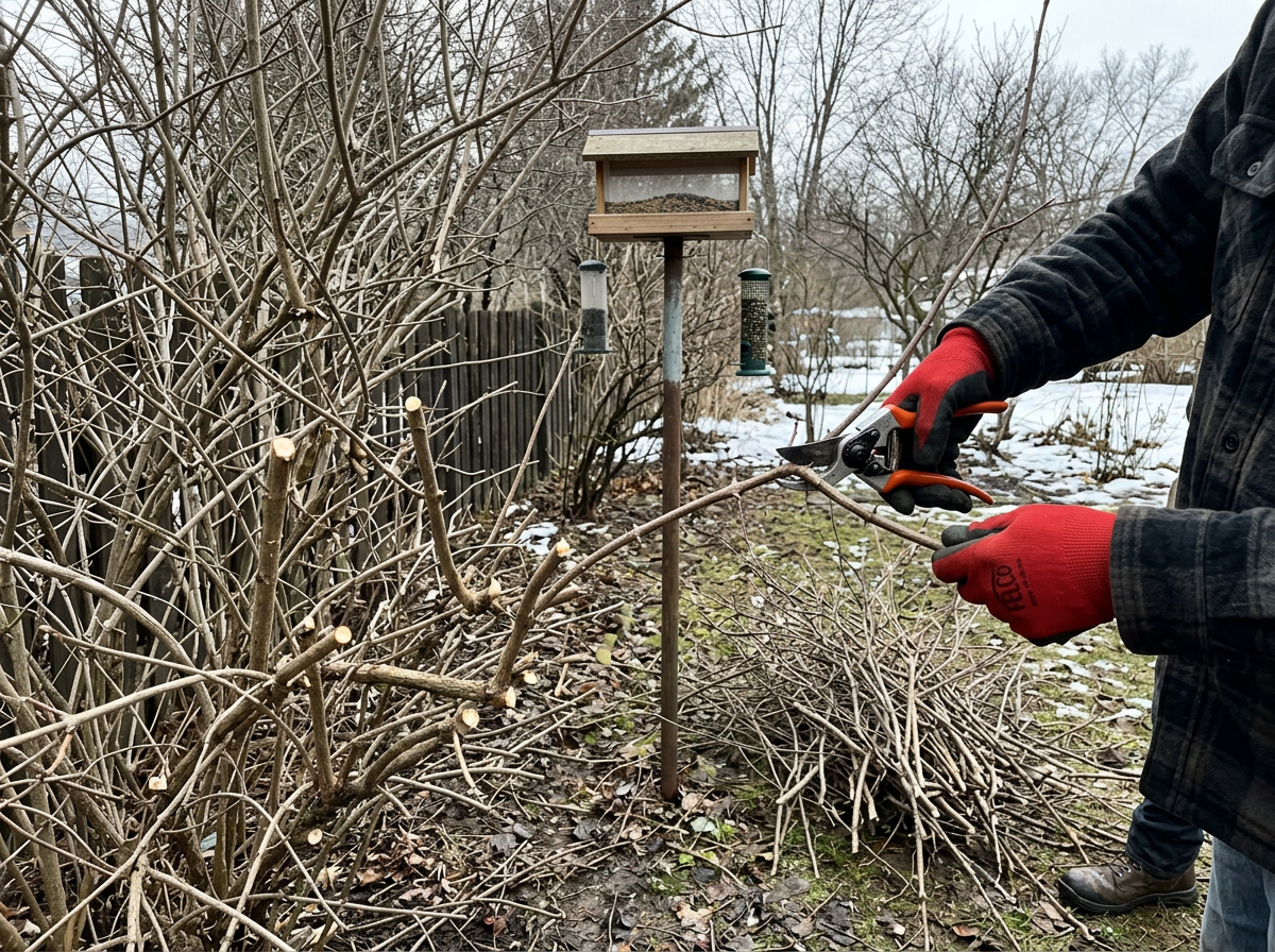 Late winter pruning of dense shrubs near a bird feeder