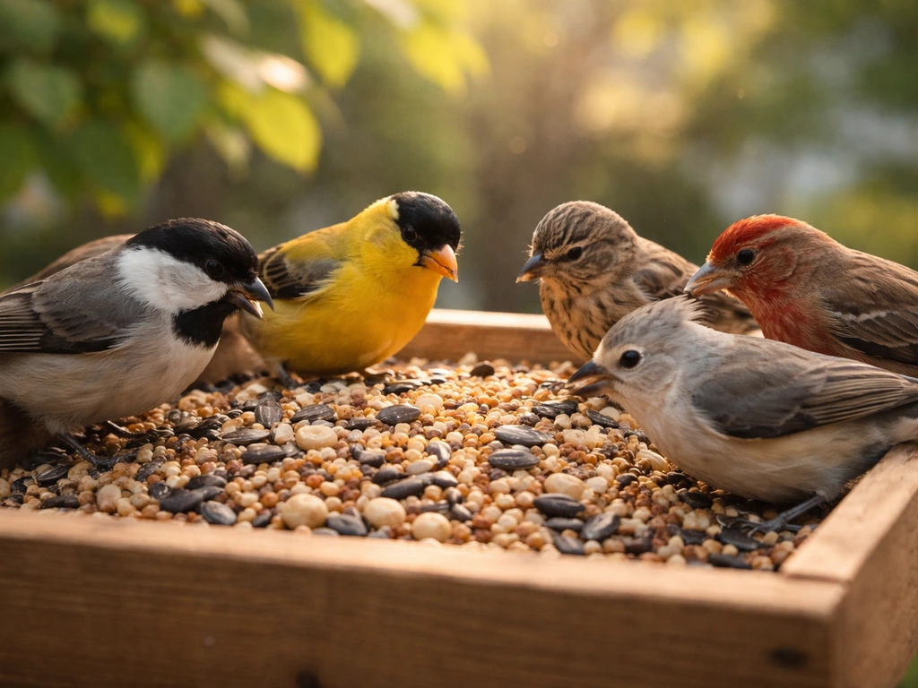 Close-up of small backyard birds feeding at a feeder in soft natural light.