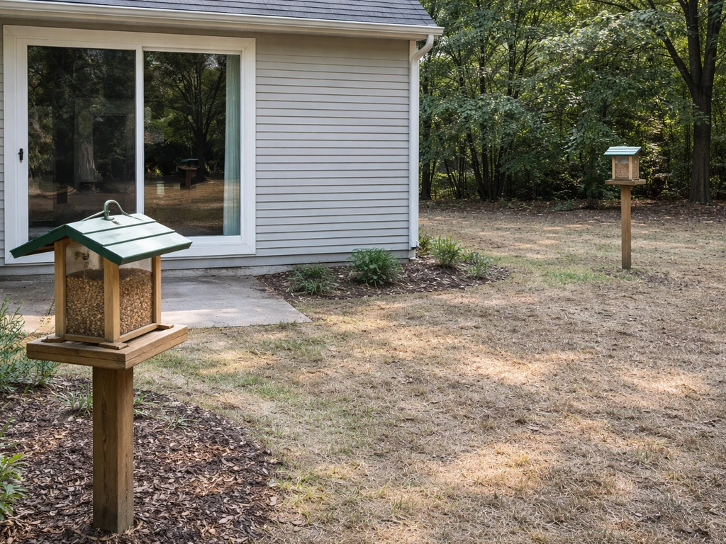 Bird feeder placed near a window and another farther away to reduce window strikes risk.