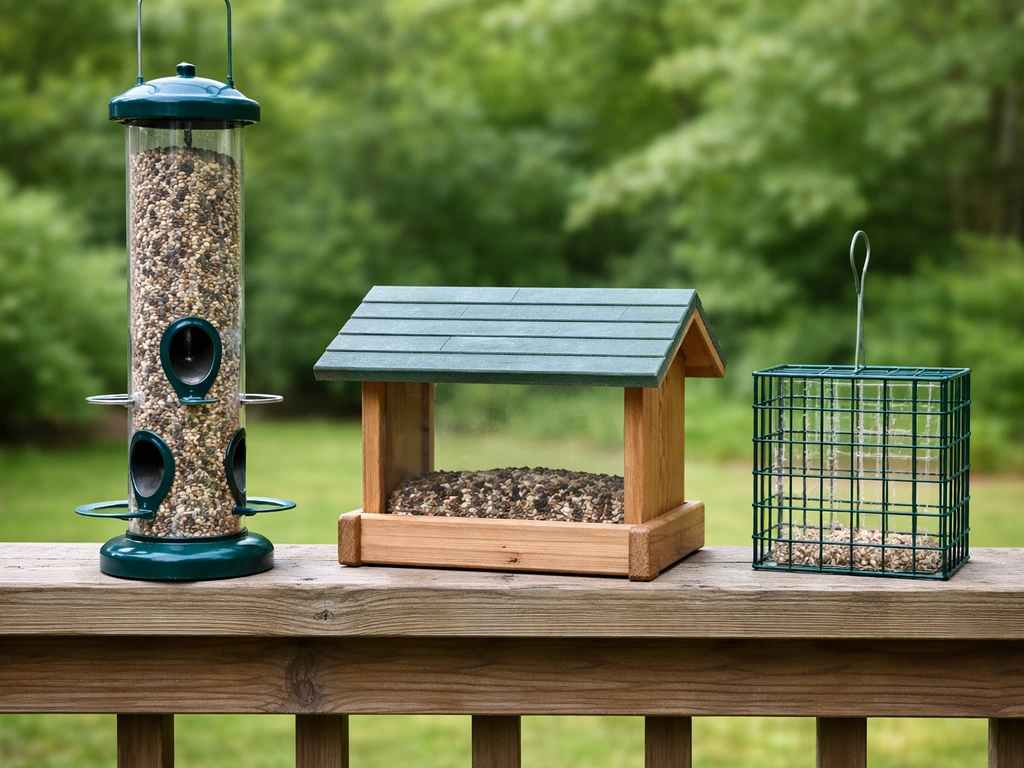 Three bird feeder styles—tube, hopper, and suet cage—lined up on a fence in soft daylight.