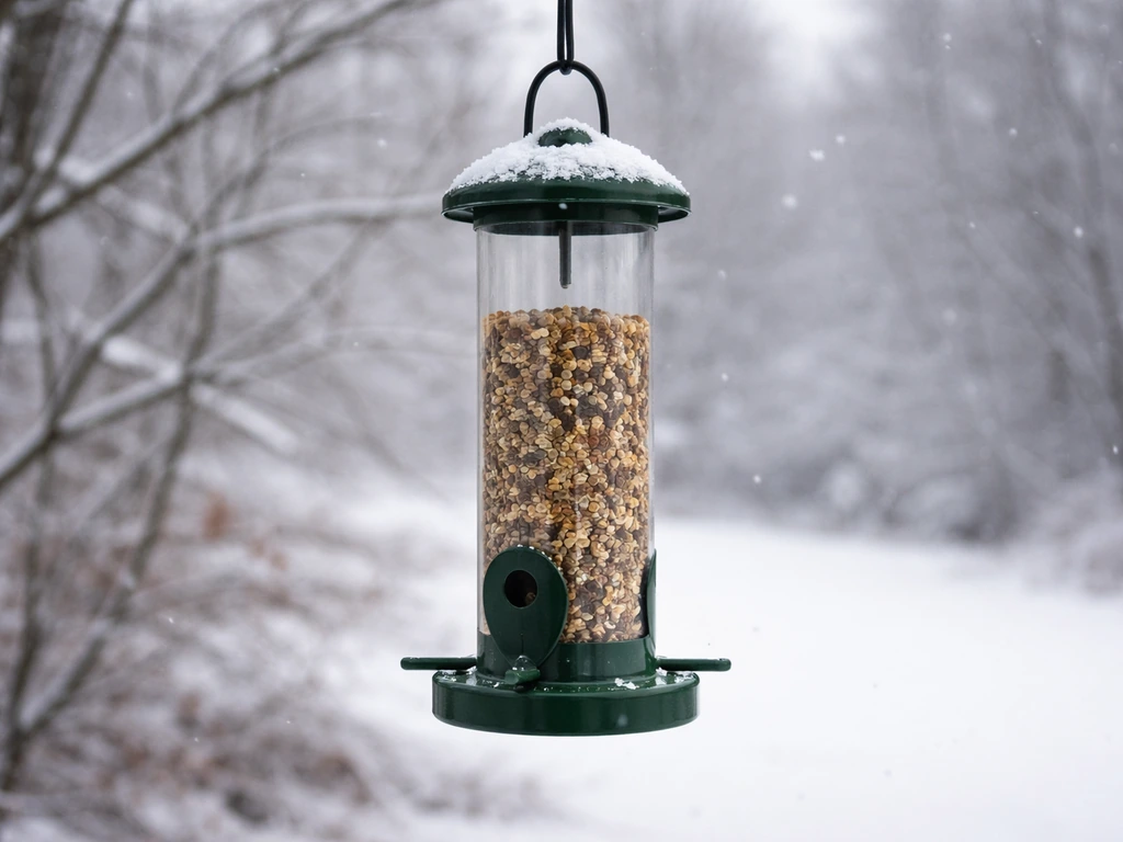 Snowy winter bird feeder with fresh seed in falling snow, minimal outdoor background.