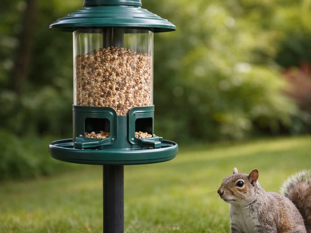 Squirrel-resistant bird feeder with weight-activated closing ports, squirrels blocked at the entrance