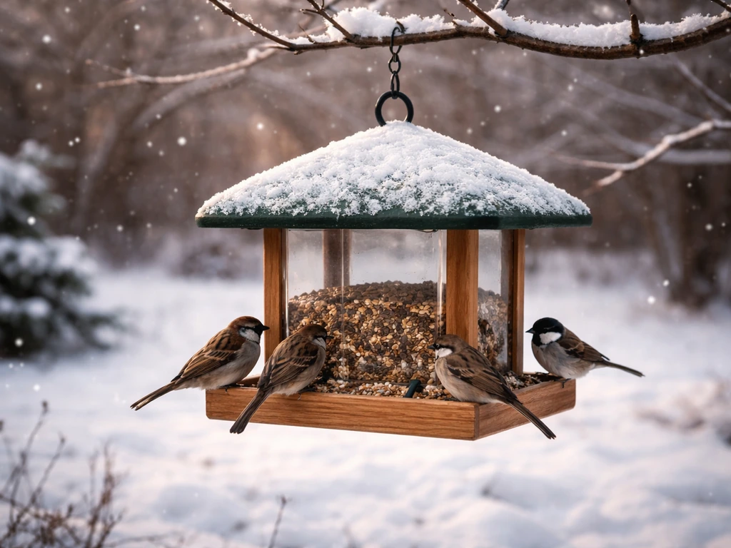 Snowy backyard with a covered bird feeder feeding small birds during light snowfall.