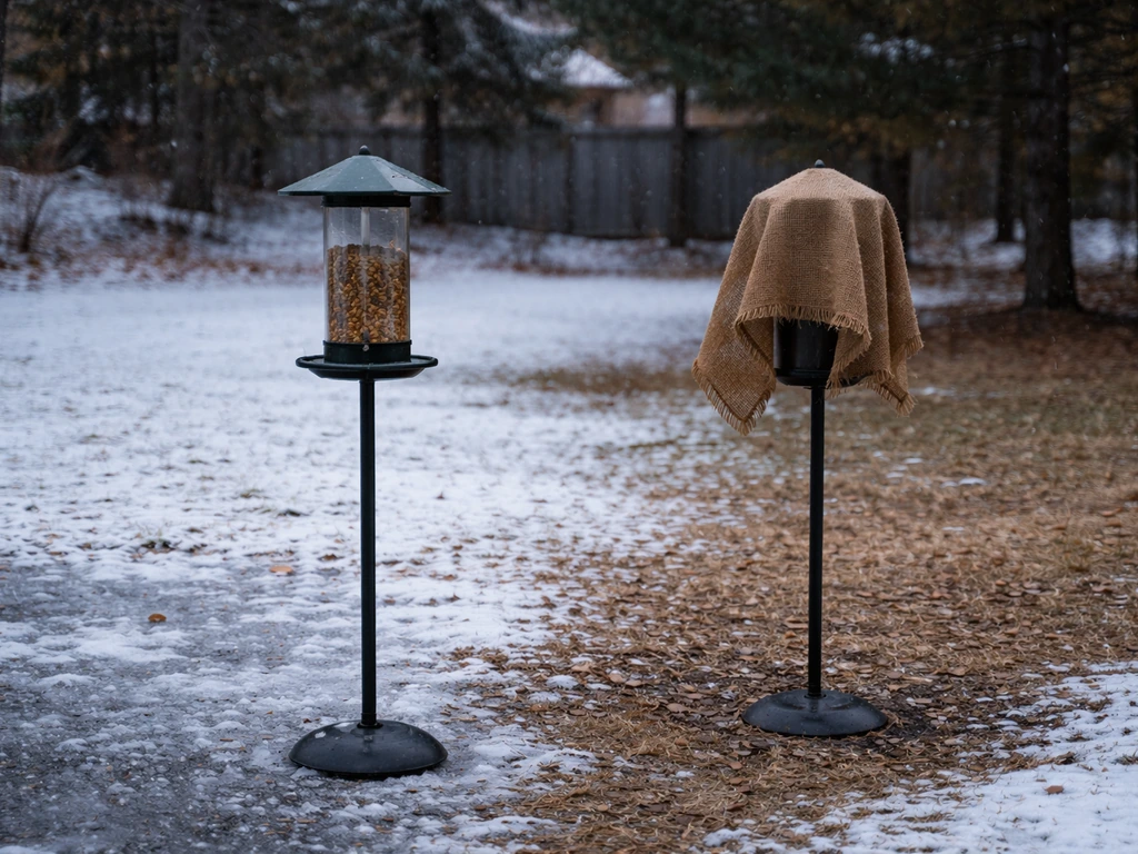 Winter yard decision moment: bird feeders, one left out and one covered near snow and icy ground.