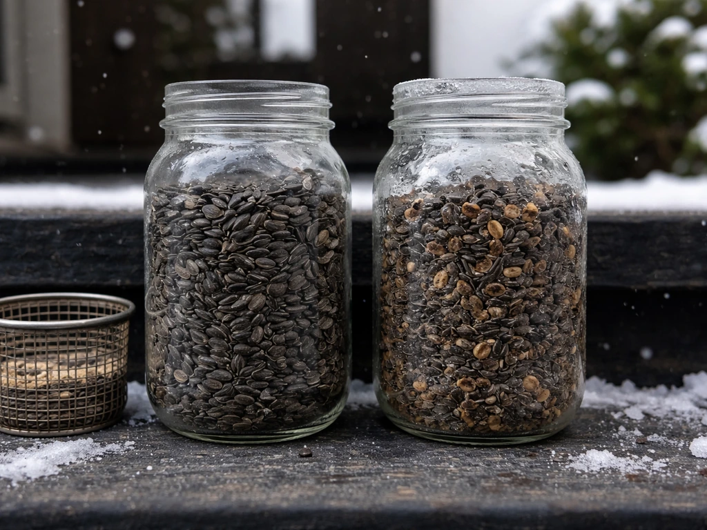 Side-by-side jars of dry sunflower seeds vs clumped damp, frost-rimmed seed for winter comparison.