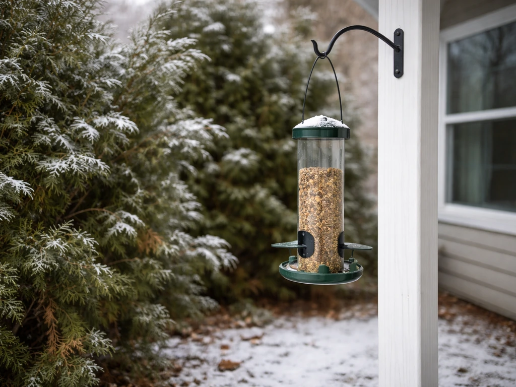 Bird feeder hanging near evergreen shrubs with a clear space from a nearby window in winter light.