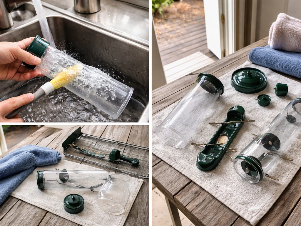 Disassembled bird feeder parts cleaned with a brush and rinsed under running water on a porch table.