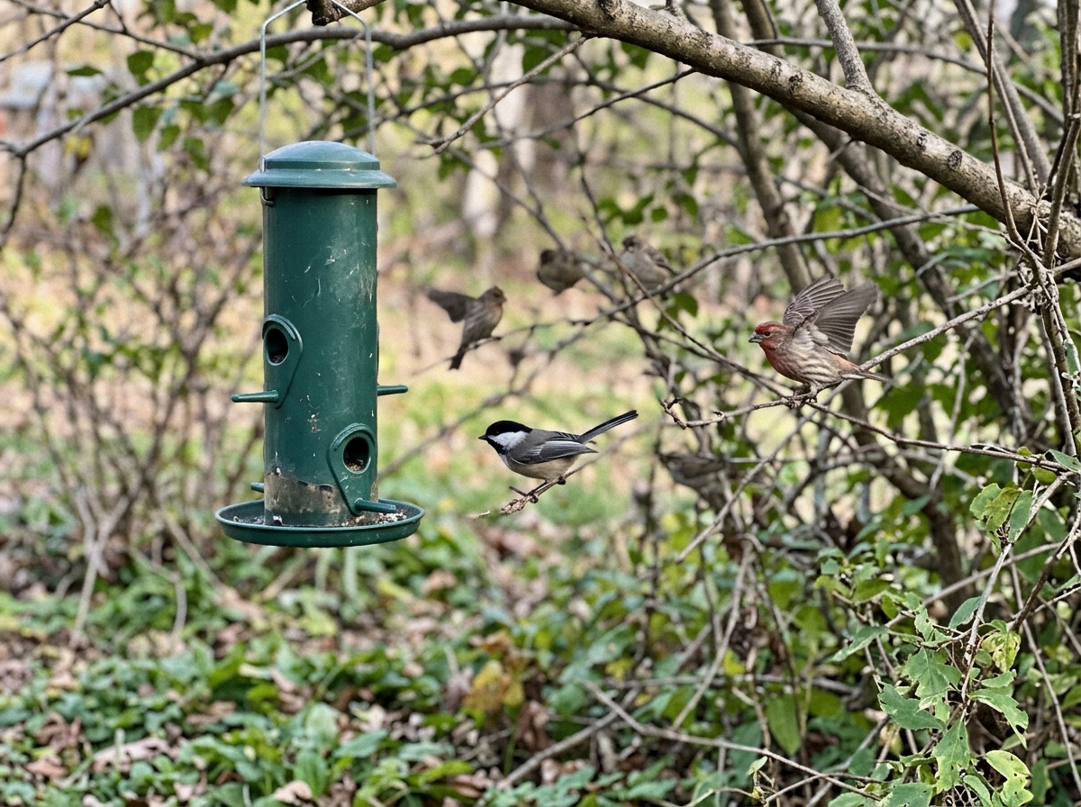 New feeder arrival: cautious birds hovering before approaching