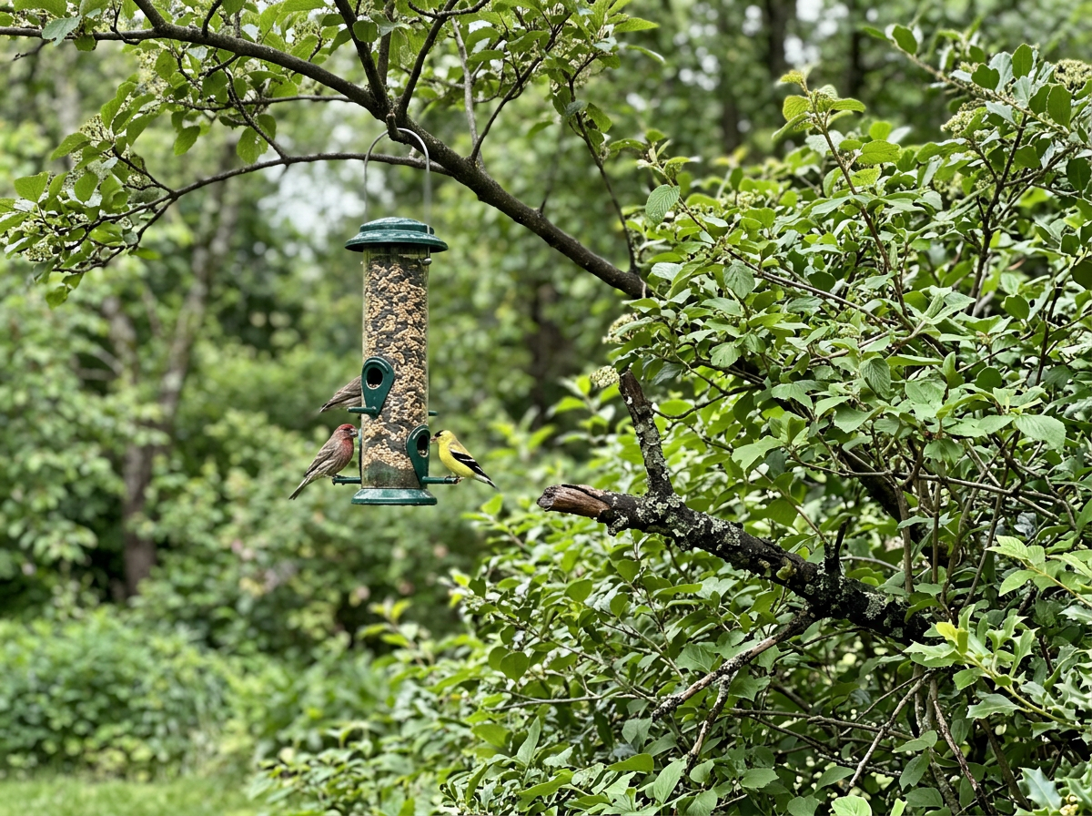 Feeder placed within sight of nearby perches and cover for safe approach