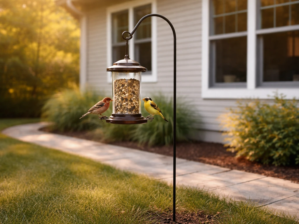 Elevated bird feeder on a pole near a window, with small birds feeding safely in a quiet yard.