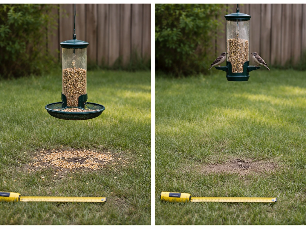 Split view of a low feeder with scattered seed and a high feeder with minimal disturbance, with measuring tape nearby.