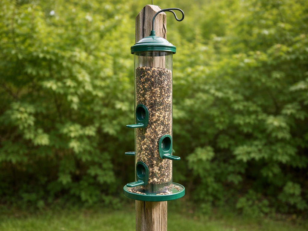Close-up of a hanging tube bird feeder on a pole, showing feeding ports and real-life height scale.