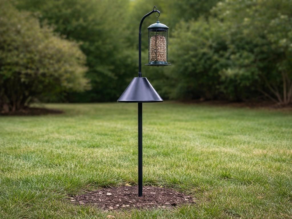 Cat-proof bird feeder on a pole with a baffle guard, positioned away from ground predators.