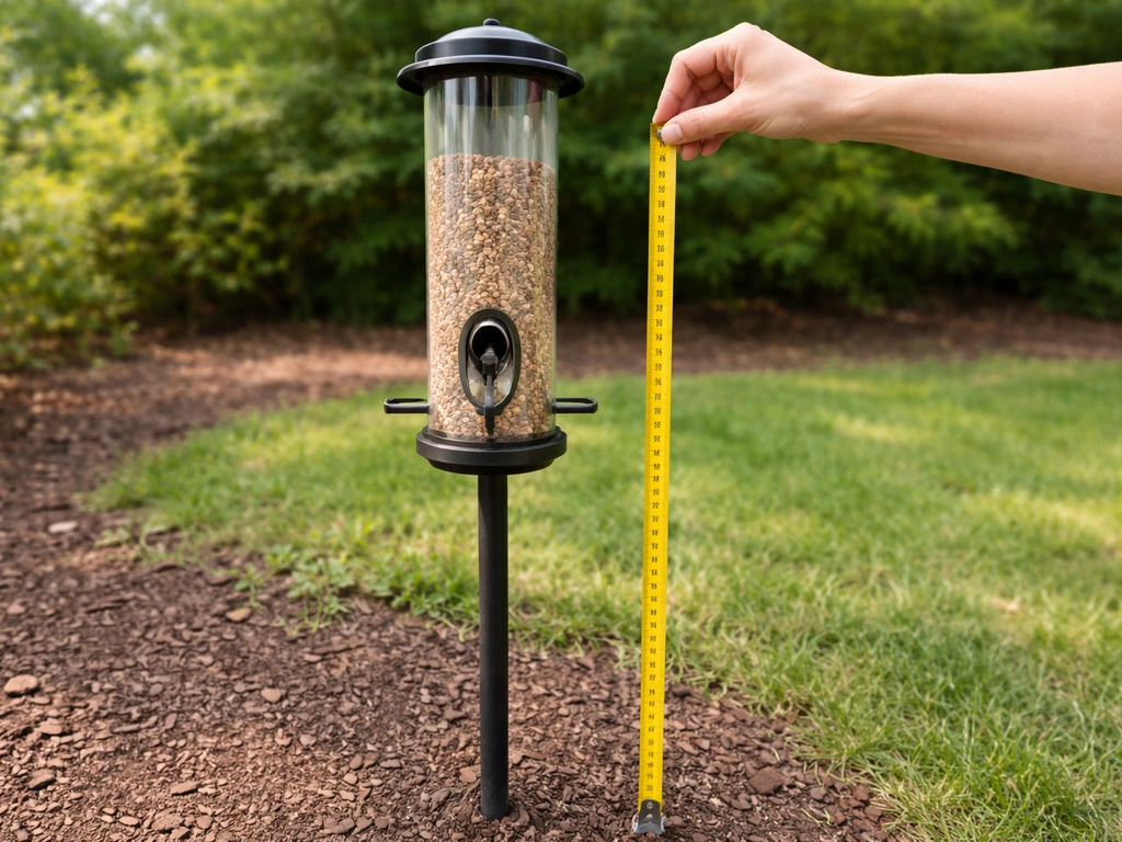 Person measuring feeder height with a tape measure from the ground to the feeder’s feeding port level.