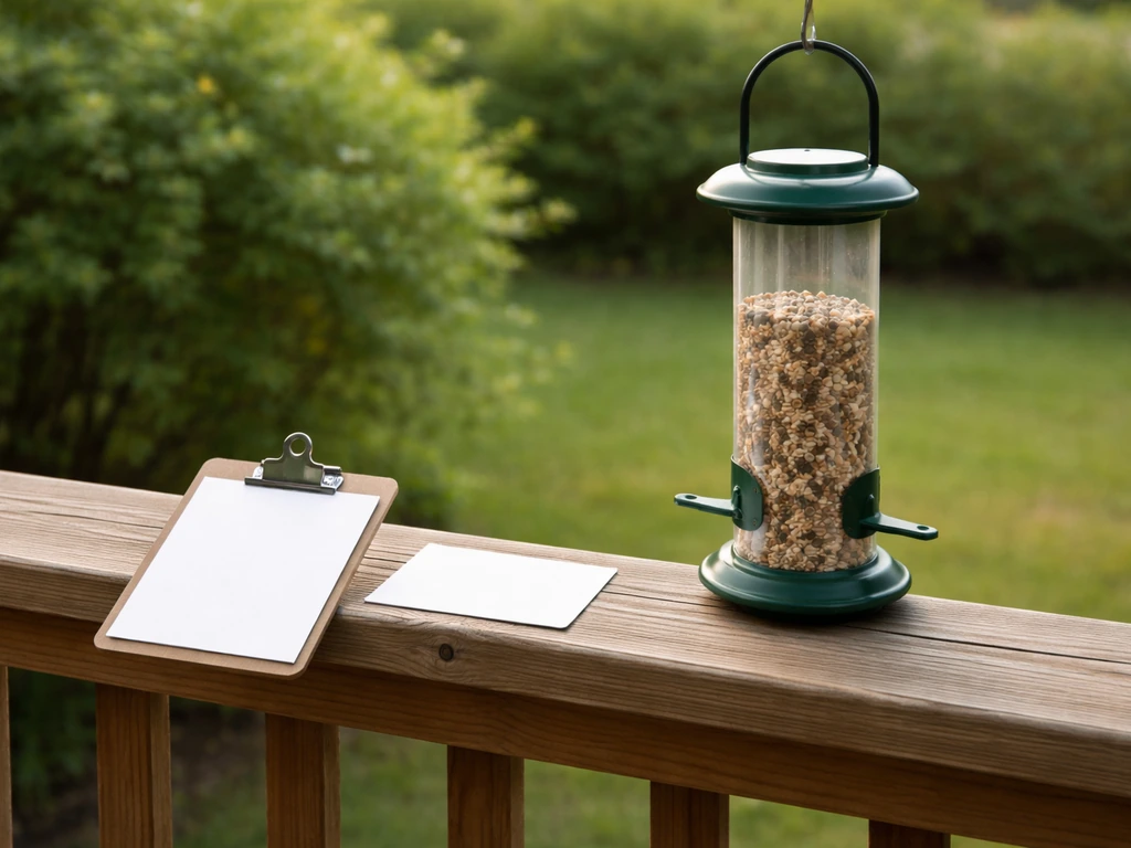 Backyard porch railing with a mounted bird feeder and a small clipboard suggesting to check local rules.