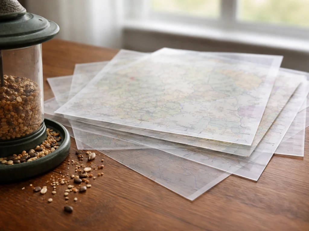Small bird feeder on a table with overlapping translucent map layers suggesting layered laws.