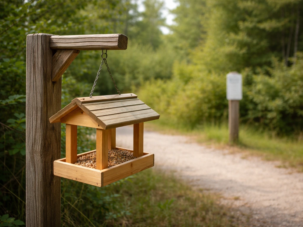 Bird feeder hanging beside a wildlife refuge boundary sign, with natural park greenery in the background.