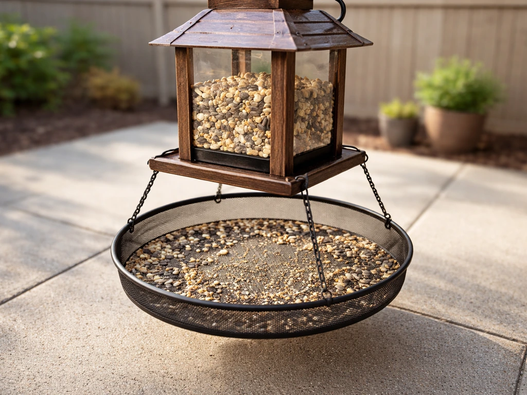 Bird feeder with tray and seed catch basin, showing clean area below to prevent scatter and nuisance.