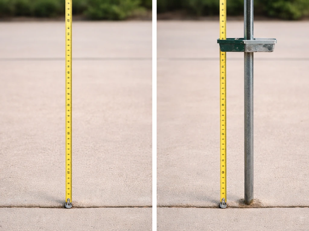 Close-up of a measuring tape next to a simple stand showing ground height and pole length.