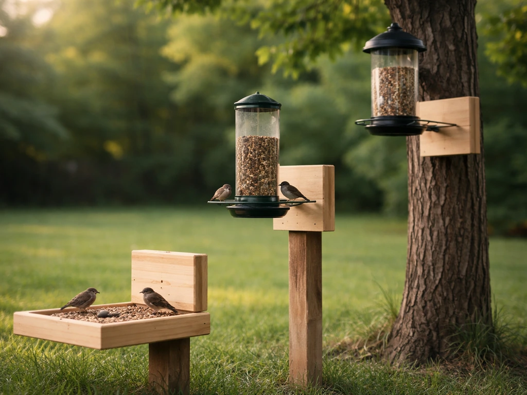 Backyard feeders at low, mid, and high heights with small birds perched on them.