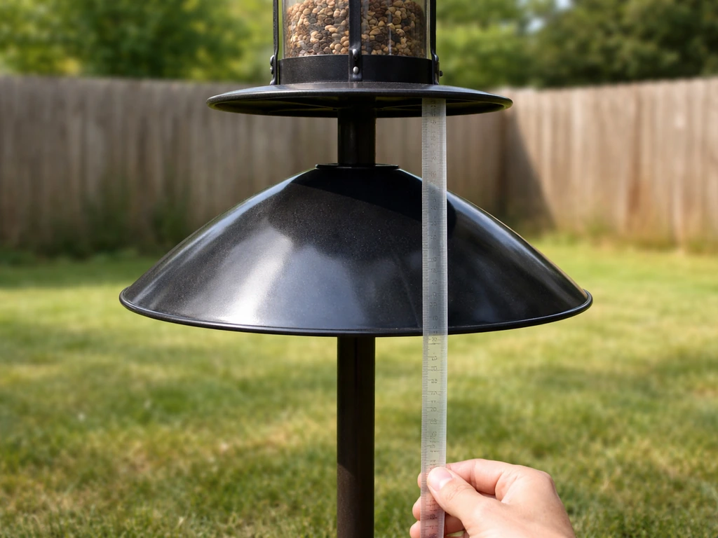 Close-up of a squirrel baffle mounted on a post, with measuring tape showing the baffle height.