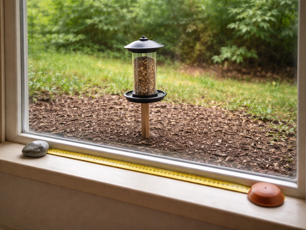 Feeder near a window with a tape measure showing a short, safe placement distance