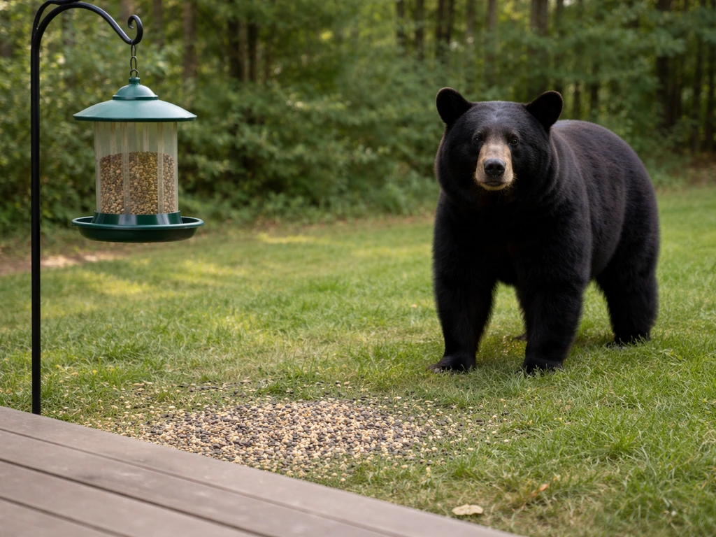 Black bear near a backyard bird feeder with spilled seed on the ground.