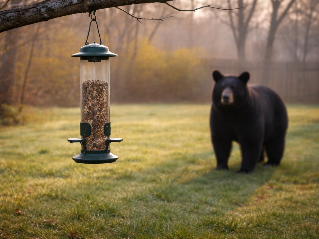 Backyard bird feeder with a bear nearby, captured in natural light