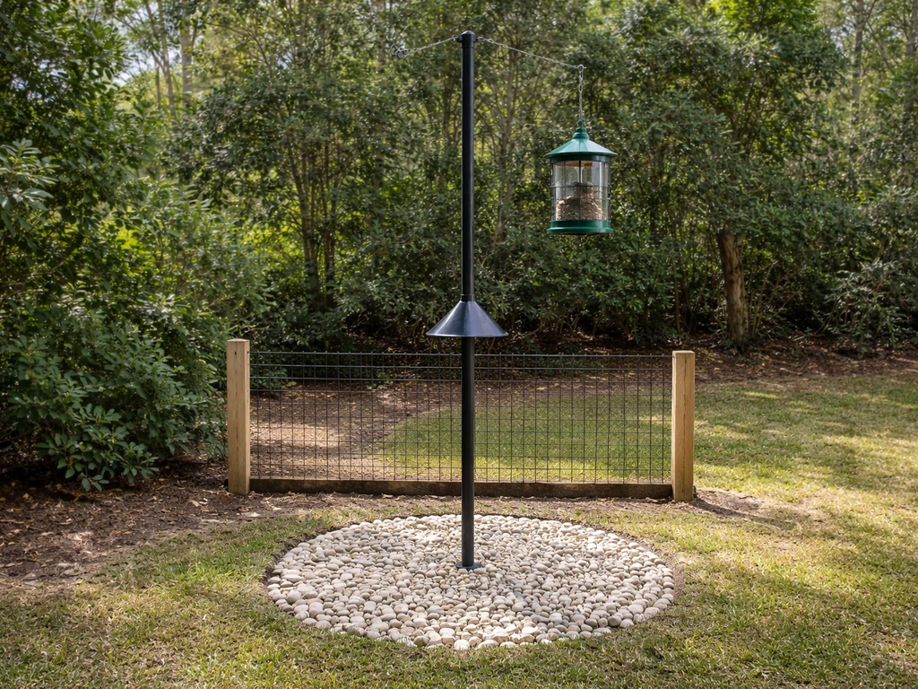 Bear-proof pole-suspension bird feeder with clearance and simple barriers in a quiet yard