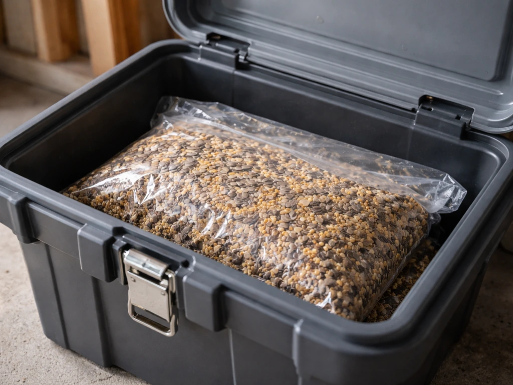 Closeup of sealed birdseed stored in a locked, secure container away from a feeder area