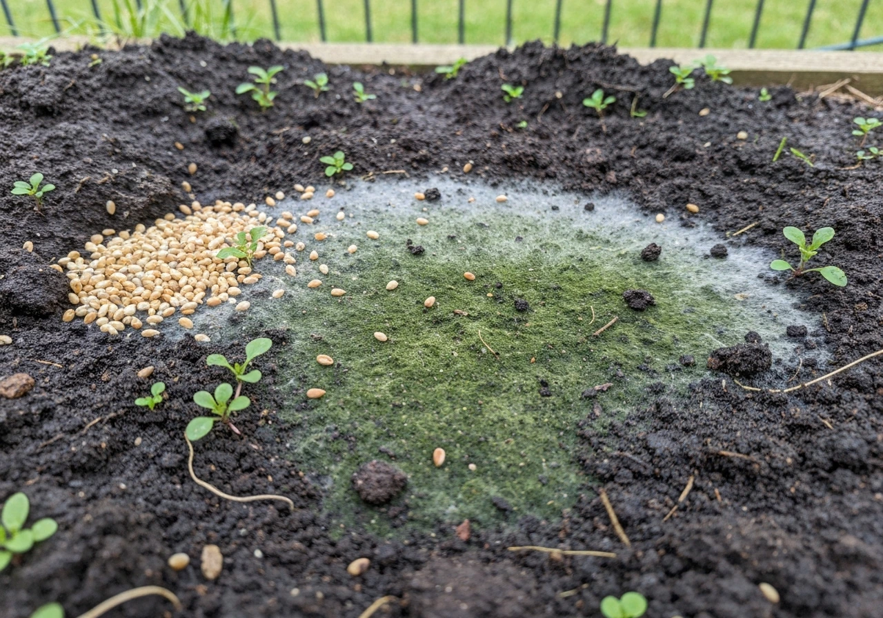 Close-up of soil under a bird feeder showing spilled seeds, weeds, and algae or mold-like growth.